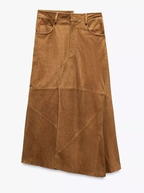Zara Cognac Suede A-Line Midi Skirt